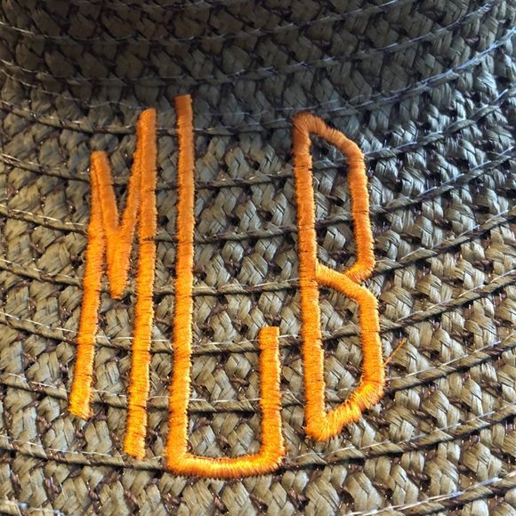 Monogrammed beach hat, medium.  Tan with orange letters. - Picture 2 of 4